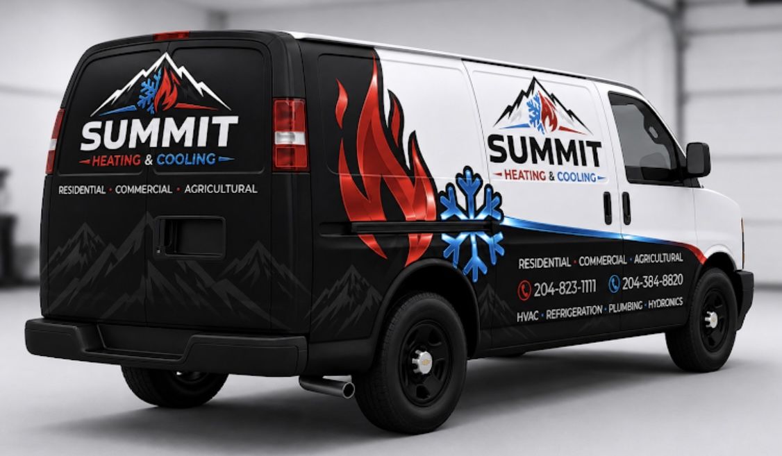 Summit Heating and Cooling service van in its full wrap: black rear with the mountain logo, a red flame and blue snowflake on the side, and the phone numbers